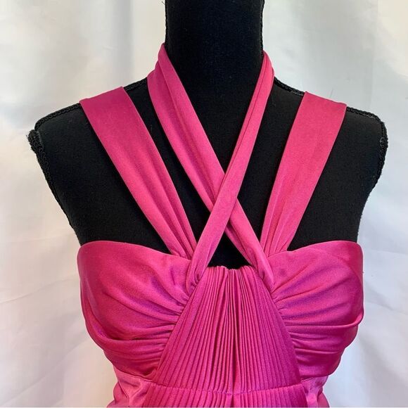 Bcbgmaxazria hot fuchsia pink satin effect pleated ruched halter top blouse Sz M - Picture 3 of 11